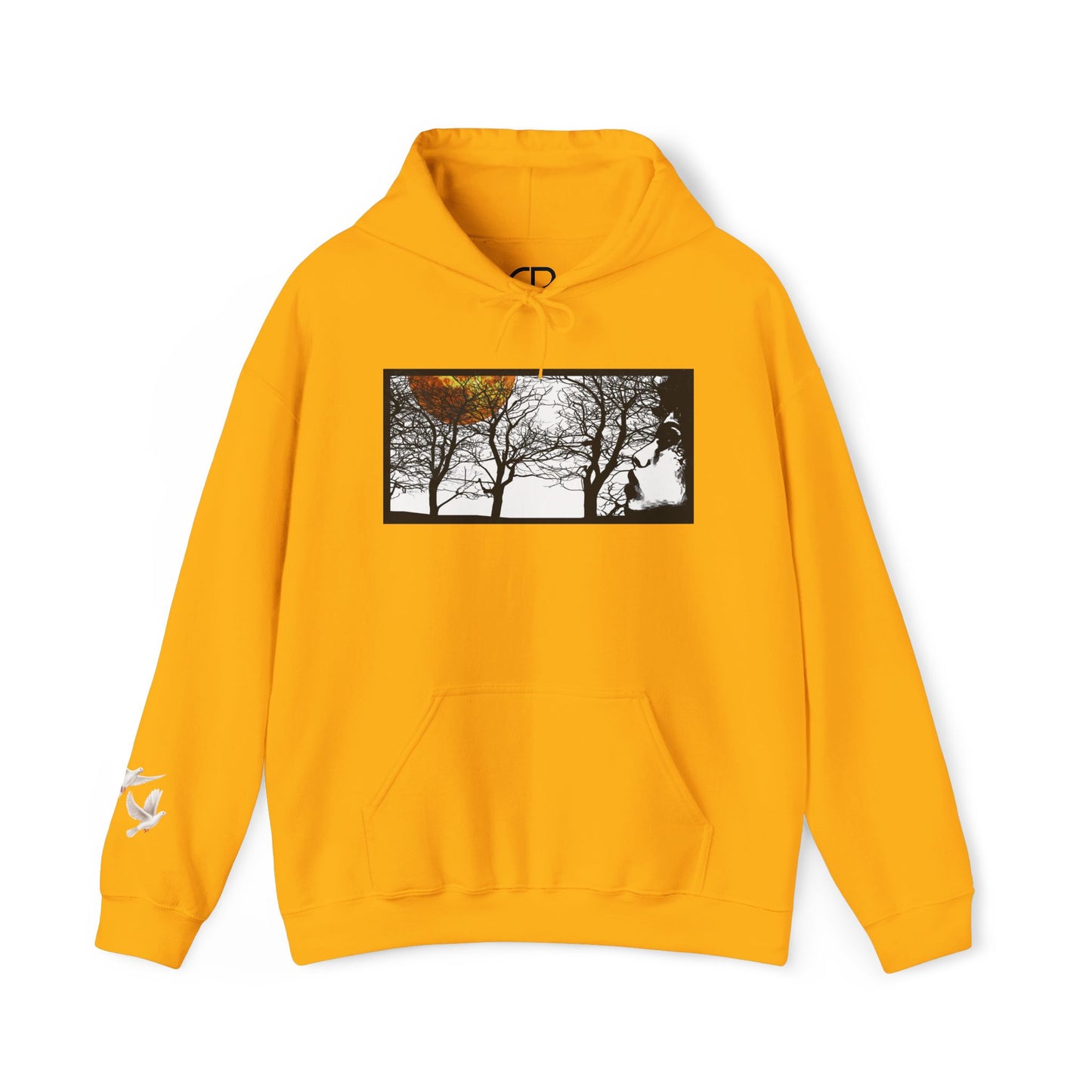 Gold Through The Wilderness pullover hoodie featuring a black-and-white forest landscape graphic with a glowing autumn leaf on the front and a small bird logo on the left sleeve.