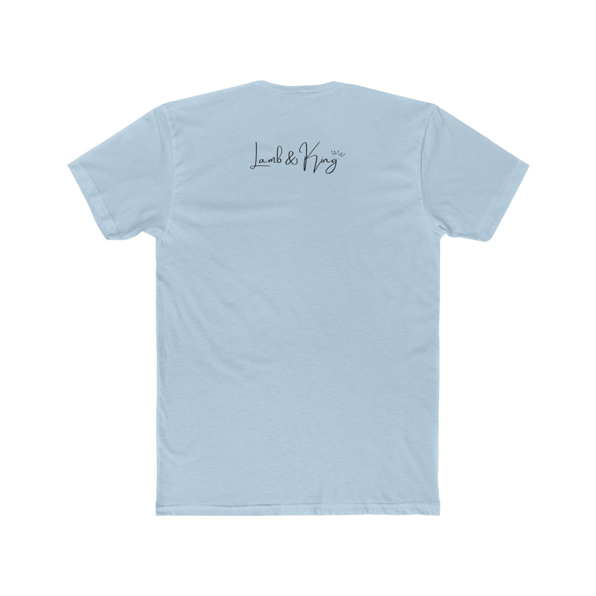 Back of Solid Light Blue Christian T-shirt featuring the Lamb & King logo by Culture Belly.